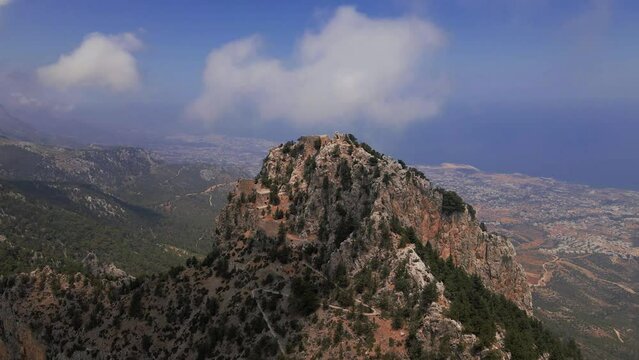 Aerial top view of the Buffavento Castle medieval building in Kyrenia, North Cyprus