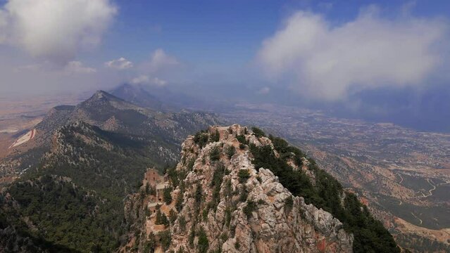 Aerial top view of the Buffavento Castle medieval building in Kyrenia, North Cyprus