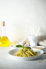 Traditional spaghetti with pesto sauce