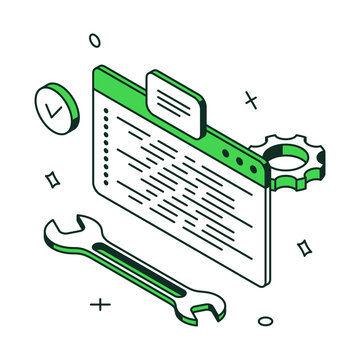 Minimalist coding web development virtual computing process 3d icon isometric vector illustration. Successful programming interface complete with wrench and gear website code content technology