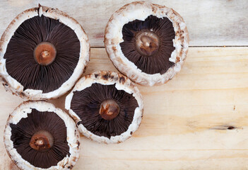 flat lay of Portobello mushrooms on rustic wooden surface with copy space