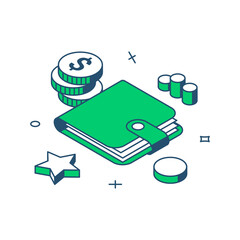 Minimalist wallet cash money dollar for banking financial payment business commercial 3d icon isometric vector illustration. Billfold accessory for currency carrying storage economy income wealth
