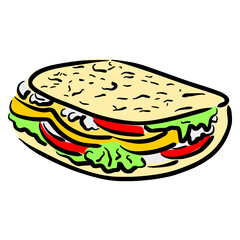 flatbread sandwich sketch in vintage colorful illustration style for restaurant cafe menu
