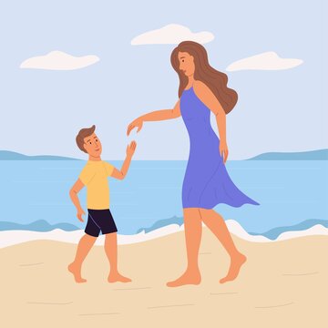 Mom and son dancing on the beach. A young woman and a boy in summer clothes. Flat vector illustration