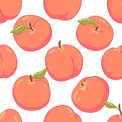 Seamless fruity cute pattern with peaches, leaves and dots on a white background. Illustration background.