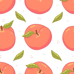 Seamless fruit pattern with peaches and leaves and dots on a white background. Illustration background.