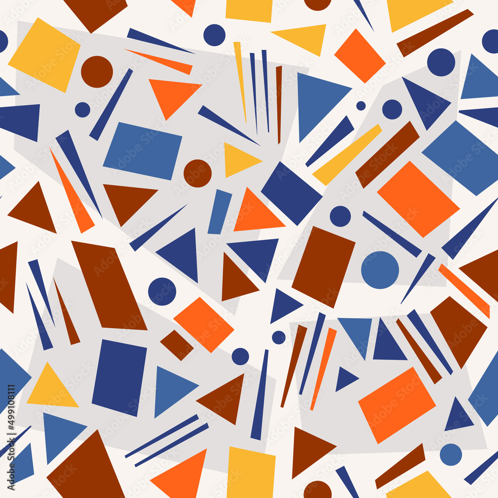 Poster Multicolored circles, triangles and rectangles blend seamlessly to create a sample art painting. Endless abstract decor picture in vector, color pattern geometry.