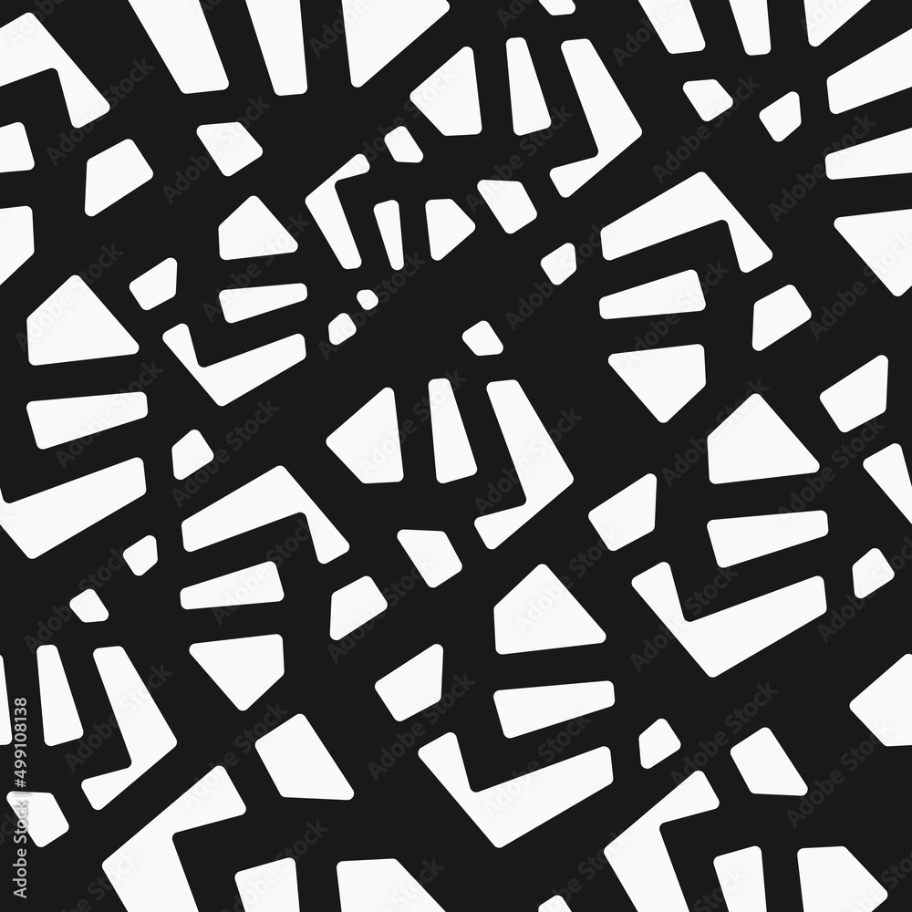 Poster White fragments of a rounded shape are repeated on a black background. Vector seamless with simple shard decor elements.