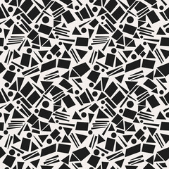 Black and white simple shapes of rectangles and circles, as well as simple sticks. Vector black shapes in a seamless pattern that looks abstract and decorative.
