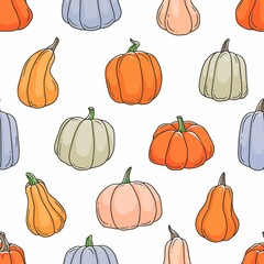 Multicolored different pumpkins cartoon doodle seamless pattern. Contour cute illustration background.