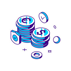 Pile metallic coin currency exchange complete successful global payment 3d icon isometric vector illustration. Heap cash money financial banking storage secure transfer process protective transaction