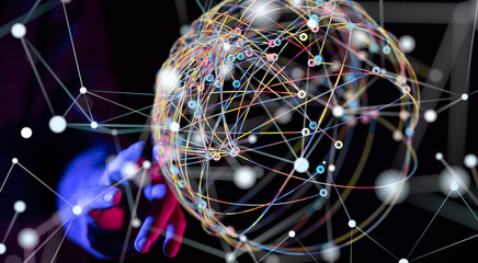 Global network. Blockchain. 3D illustration. Neural networks and artificial intelligence. Abstract