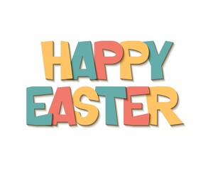Happy Easter. Text, lettering for a festive greeting card, banner, poster. Letters in the grotesque style, casts a brown shadow. Vector illustration in flat style.