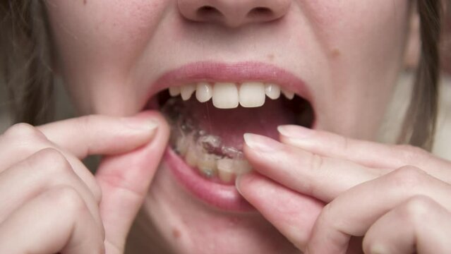 An attractive young Caucasian woman in a bathrobe standing in the bathroom uninstalls a polymer aligner on her lower jaw. Oral care and bite restoration and teeth alignment
