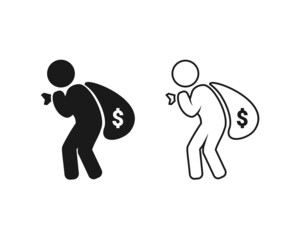 Thief, criminal icon. Robber holding sack of money. Vector illustration