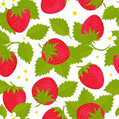 Colorful background with strawberries. Berries, leaves, flowers. Seamless