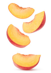 Naklejka na ściany i meble Isolated peach slices. Four wedges of pink peach fruit isolated on white background
