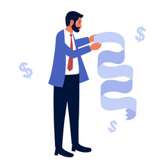 Worried businessman reading long bill in flat design on white background.