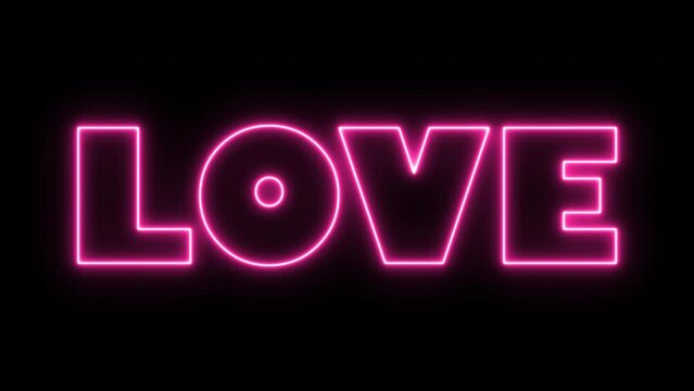 Flickering Abstract 3d render illuminated glowing neon light LOVE text in black background high resolution 60 fps.