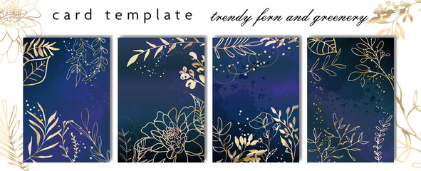 Set Invitation Card Leaves Background - Hand drawn colorful plant set modern and universally usable. Flower branch and minimalistic plants. Hand drawn lines, elegant leaves for your own design.