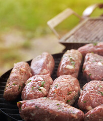 Raw minced cutlet, ground beef, lamb. Grilled kebab cutlets. Green grass background Top view. copy space