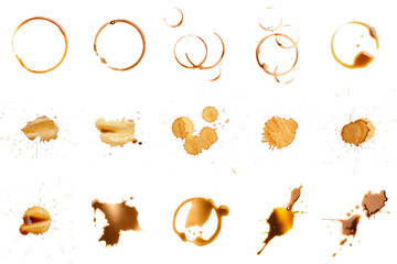 Set of coffee drops and stains isolated on white - obrazy, fototapety, plakaty