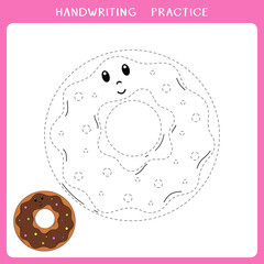 Handwriting practice sheet. Simple educational game for kids. Vector illustration of cute glazed donut for coloring book