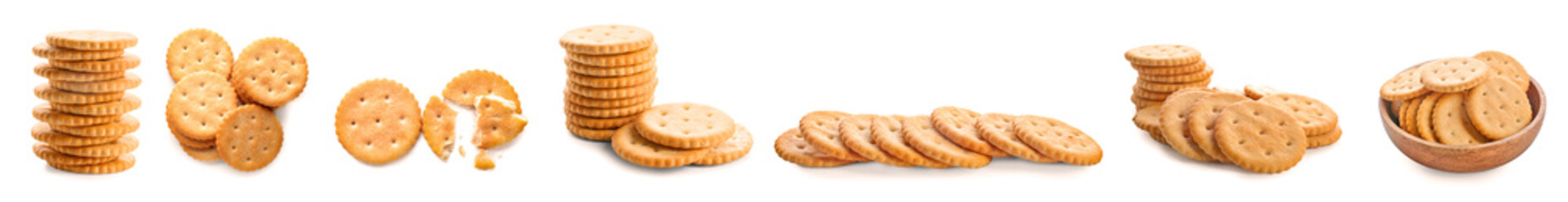 Tasty crackers on white background
