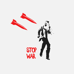 Obraz premium Contemporary art collage. Senior man running away from falling rockets isolated over gray background. Stop war