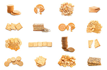 Set of tasty different crackers isolated on white