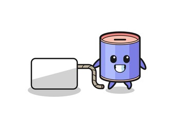 cylinder piggy bank cartoon is pulling a banner