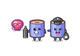 cylinder piggy bank cartoon doing vandalism and caught by the police
