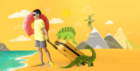 Cute little boy with inflatable ring, paddles and suitcase on drawn sea beach