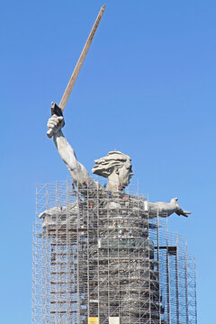 Volgograd, Russia - October 02, 2019: Reconstruction of the sculpture "Motherland is calling!" on Mamaev Kurgan in Volgograd