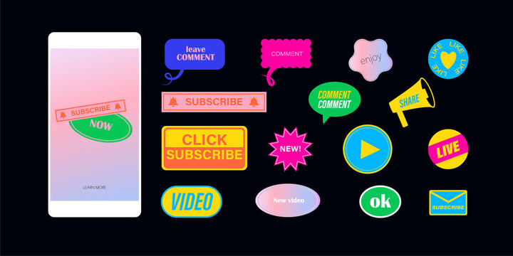 Like, comment, share, click subscribe button. Icon Set of Channel Subscriptions. Vector simple geometric 90s background template icons with text for social media