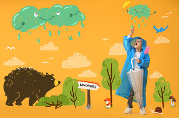 Cute little boy wearing raincoat in drawn forest on rainy day