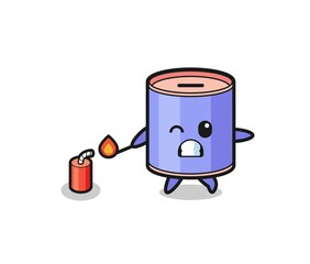 cylinder piggy bank mascot illustration playing firecracker