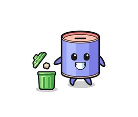 illustration of the cylinder piggy bank throwing garbage in the trash can