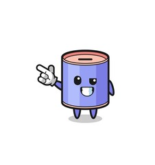 cylinder piggy bank mascot pointing top left