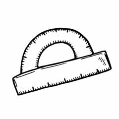 Simple black outline icon of protractor. Doodle drawing of measure tool. Vector illustration of geometry and math supply. Architect and engineer equipment