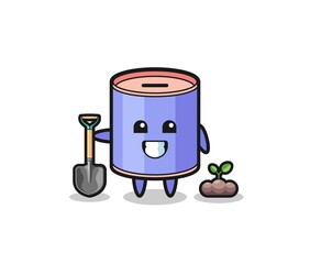 cute cylinder piggy bank cartoon is planting a tree seed