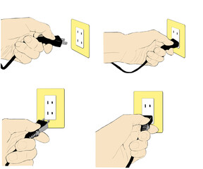 コンセントにプラグを挿入するリアルな手のイラストセット