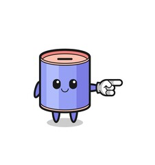 cylinder piggy bank mascot with pointing right gesture