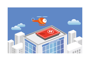 ヘリコプターと屋上へリポートの風景