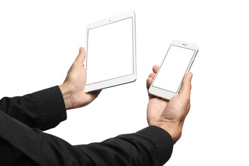 Male hands with modern tablet computer and mobile phone on white background