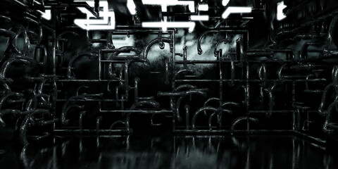 futuristic dark industrial grunge basement with pipes and glowing light 3d render illustration