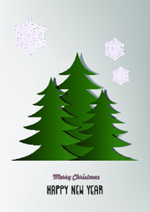 Christmas greeting card. Paper style pines, trees on a white background. Vector illustration.