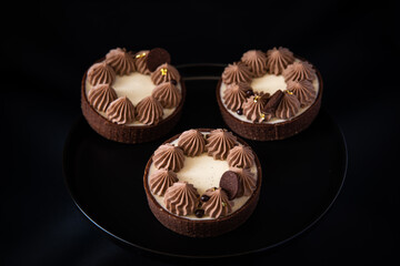 Tarte Schoko-Cheesecake. Feiner Cheesecake mit natürlicher Vanilleschote und einer haube aus Schokolade. Schrarze Hintergrund. 