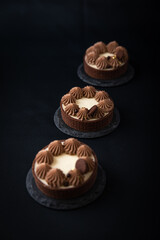 Tarte Schoko-Cheesecake. Feiner Cheesecake mit natürlicher Vanilleschote und einer haube aus Schokolade. Schrarze Hintergrund. 