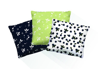 Realistic pillows with blueberries pattern for design. Vector image.